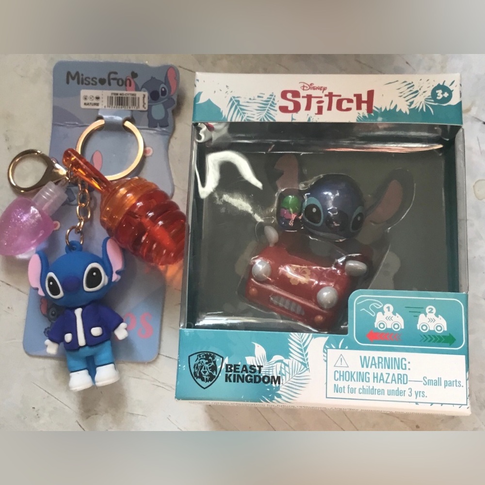Disney Stitch Figure Toy Car & lipgloss keychain purse charm
